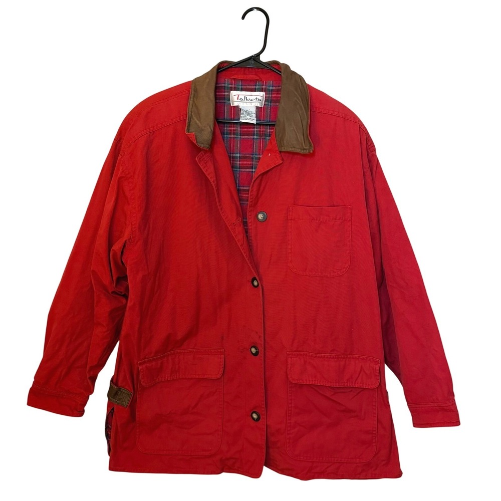 VTG Talbots 100% Cotton 90s Chore Coat Barn Jacket Outdoors Red Leather SZ XL